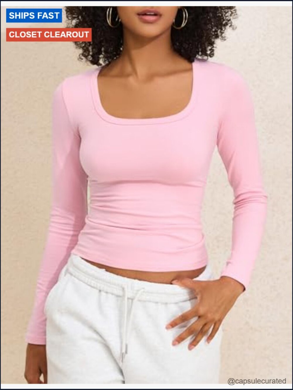 Cotton Square Neck Long Sleeve Slim Fit Tee - Picture 2 of 7